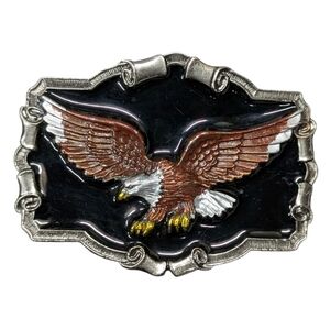 Vintage 1983 Great American Buckle Co Pewter Black Enamel Bald Eagle Belt Buckle